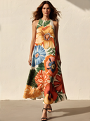 Women's Elegant Retro Cotton-Blend — Vibrant Floral Print, Round Neck, Sleeveless, Loose Fit Midi Dress ZMZ2572D3ZYY