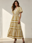 Women's Casual & Stylish With Yellow And White Vertical Stripes Short Sleeve V-Neck Maxi Dress ZMZ2508D6ZYY
