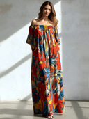 Women's Casual Resort-Style Floral Print Cotton-Blend Off-Shoulder Short-Sleeve Loose Maxi Dress ZMZ2575D3ZYY
