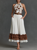 Women's Old Money Style Floral Print Halter Neck Pleated Ruffle Hem Midi Dress With Belt & Pockets ZMZ2591D2YZH
