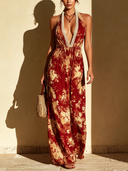Women's Prom Red Floral Print V-Neck Lace Halter Backless Maxi Dress ZMZ2567D2U