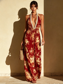 Women's Prom Red Floral Print V-Neck Lace Halter Backless Maxi Dress ZMZ2567D2U