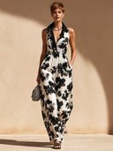 Women's Classic Black Patterned V-Neck Sleeveless Jumpsuit ZMZ2754D7U
