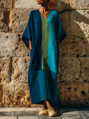 Women's Vacation Style Linen-Blend Color Block Caftan Maxi Dress With Pockets ZMZ2781D8YZH