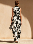 Women's Classic Black Patterned V-Neck Sleeveless Jumpsuit ZMZ2754D7U
