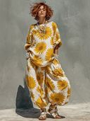 Women's Casual Loose-Fit Sunflower Print Two-Piece Set ZMZ2714D0XT