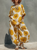 Women's Casual Loose-Fit Sunflower Print Two-Piece Set ZMZ2714D0XT
