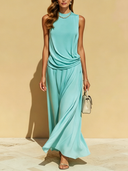 Women's Elegant Casual Sleeveless Light Blue Chiffon Top And Skirt Set ZMZ2707D6U