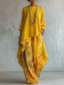 Women's Artistic Linen-Blend Asymmetrical Top & Floral Print Wide Leg Pants Two-Piece Set ZMZ2731D8YZH