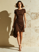 Women's Elegant Brown Ruched, High-Stretch, Slim-Fit, Short-Sleeve Mini Dress ZMZ2745D9U
