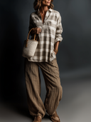 Women's Old Money Style Linen-Blend Striped Henley Shirt & Crinkle Wide Leg Pants Two-Piece Set ZMZ2781D5YZH