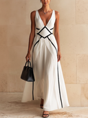 Women's Stylish White Deep V-Neck Sleeveless Ankle-Length Maxi Dress ZMZ2891D3U