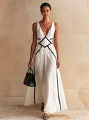 Women's Stylish White Deep V-Neck Sleeveless Ankle-Length Maxi Dress ZMZ2891D3U