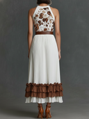 Women's Old Money Style Floral Print Halter Neck Pleated Ruffle Hem Midi Dress With Belt & Pockets ZMZ2591D2YZH