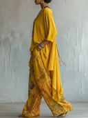 Women's Artistic Linen-Blend Asymmetrical Top & Floral Print Wide Leg Pants Two-Piece Set ZMZ2731D8YZH