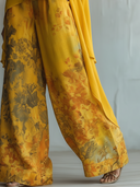 Women's Artistic Linen-Blend Asymmetrical Top & Floral Print Wide Leg Pants Two-Piece Set ZMZ2731D8YZH