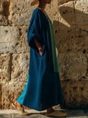 Women's Vacation Style Linen-Blend Color Block Caftan Maxi Dress With Pockets ZMZ2781D8YZH