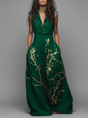 Women's Elegant Linen-Blend Gold Branch Print Sleeveless Shirt Maxi Dress With Pockets ZMZ2857D9YZH
