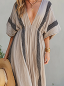 Women's Vacation-Style Striped Print V-Neck Short-Sleeve Maxi Dress ZMZ2828D8XT