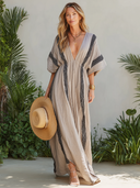 Women's Vacation-Style Striped Print V-Neck Short-Sleeve Maxi Dress ZMZ2828D8XT