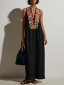 Women's Premium Vintage Deep V-Neck Embroidered Cotton-Linen Sleeveless Loose-Fit Maxi Dress ZMZ2893D6ZYY