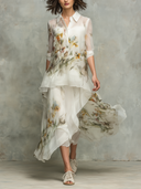 Women's Organza Floral Print Collared Long-sleeved Skirt Two-piece Set ZMZ2857D1XT