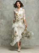 Women's Organza Floral Print Collared Long-sleeved Skirt Two-piece Set ZMZ2857D1XT