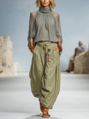 Women's Neutral Linen-Blend Sheer Turtleneck Blouse & Draped Wide-Leg Pants Two-Piece Set ZMZ2802D1YZH