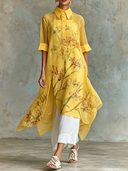 Women's Casual Cotton Linen Floral Print Collared Short-Sleeved Midi Dress ZMZ2873D2XT