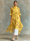 Women's Casual Cotton Linen Floral Print Collared Short-Sleeved Midi Dress ZMZ2873D2XT