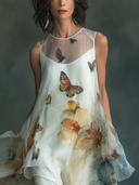 Women's Organza Butterfly-Print Round-Neck Sleeveless Midi Dress ZMZ2836D0XT