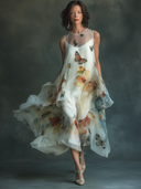 Women's Organza Butterfly-Print Round-Neck Sleeveless Midi Dress ZMZ2836D0XT