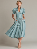 Women's Vintage-Elegant Solid-Color Short-Sleeve A-Line Midi Dress ZMZ2854D9XT