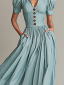Women's Vintage-Elegant Solid-Color Short-Sleeve A-Line Midi Dress ZMZ2854D9XT