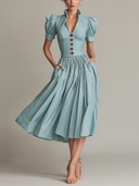 Women's Vintage-Elegant Solid-Color Short-Sleeve A-Line Midi Dress ZMZ2854D9XT