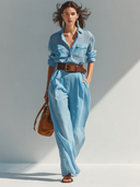 Women's Solid-Color Collared Long-Sleeve Jumpsuit (Belt Not Included) ZMZ2878D9XT