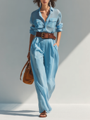 Women's Solid-Color Collared Long-Sleeve Jumpsuit (Belt Not Included) ZMZ2878D9XT