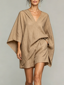 Women's Casual Cotton Linen Solid Color Hooded Short-Sleeve Shorts Two-Piece Set ZMZ2888D3XT