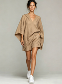 Women's Casual Cotton Linen Solid Color Hooded Short-Sleeve Shorts Two-Piece Set ZMZ2888D3XT