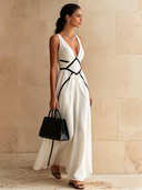 Women's Stylish White Deep V-Neck Sleeveless Ankle-Length Maxi Dress ZMZ2891D3U