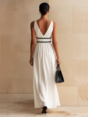 Women's Stylish White Deep V-Neck Sleeveless Ankle-Length Maxi Dress ZMZ2891D3U