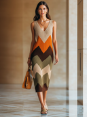 Women's Classic V-Neck Sleeveless Color-Block High-Stretch Knit Midi Dress With Back Slit ZMZ2950D3U