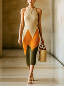 Women's Retro Color Block Sleeveless Knit Midi Skirt With Back Slit - High Elasticity And Slim Fit ZMZ2997D5U