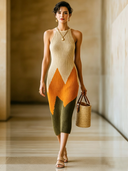 Women's Retro Color Block Sleeveless Knit Midi Skirt With Back Slit - High Elasticity And Slim Fit ZMZ2997D5U