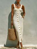 Women's Solid-Color Strappy Single-Breasted Knitted Maxi Dress ZMZ2754D3XT
