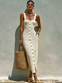 Women's Solid-Color Strappy Single-Breasted Knitted Maxi Dress ZMZ2754D3XT
