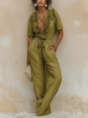 Women's Vacation Style Linen-Blend Ruffled V-Neck Smocked Waist Wide-Leg Jumpsuit ZMZ2960D6YZH
