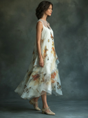 Women's Organza Butterfly-Print Round-Neck Sleeveless Midi Dress ZMZ2836D0XT