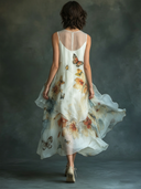 Women's Organza Butterfly-Print Round-Neck Sleeveless Midi Dress ZMZ2836D0XT