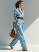 Women's Solid-Color Collared Long-Sleeve Jumpsuit (Belt Not Included) ZMZ2878D9XT